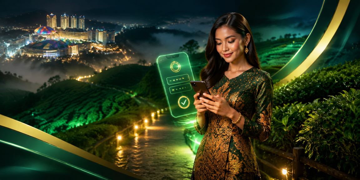 Pengguna VIP berbaju batik di Genting Highlands mengakses akaun 31350 dengan mudah alih